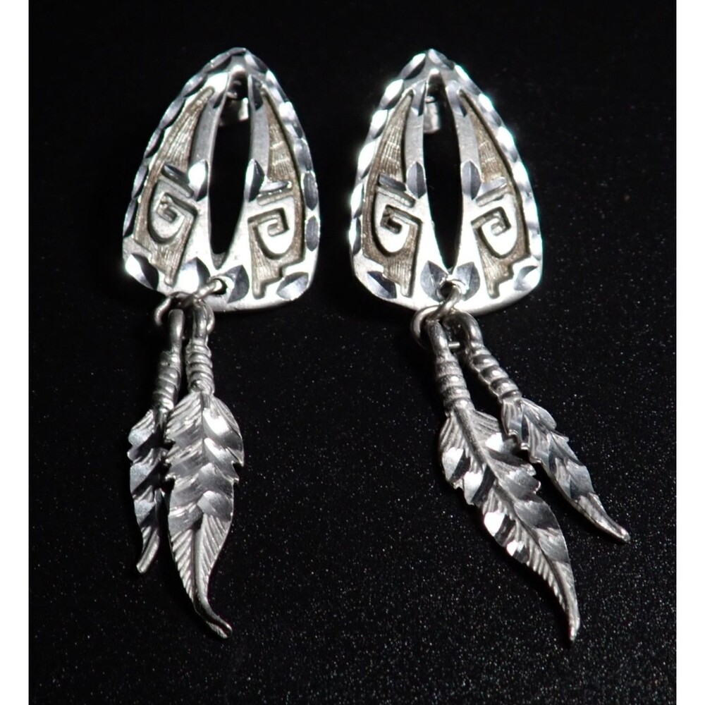 Southwest Tribal Sterling Silver Dangle Drop Feather Earrings Diamond Cut Accent